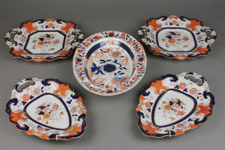 A pair of 19th Century Masons Ironstone leaf shaped dishes decorated in the Imari pattern, a pair of ensuite square 2 handled dishes and a similar oval dish 