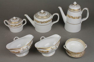 A Portuguese white glazed and floral gilt decorated service comprising teapot, sauce boat, sugar bowl, coffee pot, 12 small saucers, 6 medium saucers, 9 large saucers, 8 2 handled dishes, 2 dishes, 4 plates, 9 salad plates