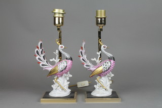 A pair of gilt mounted table lamps with Continental porcelain exotic birds 22" 