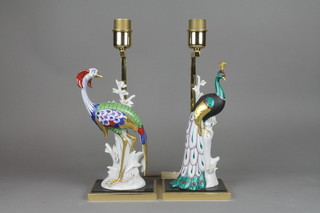 A pair of Italian gilt metal mounted table lamps with exotic birds 21" 