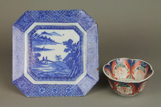 A 19th Century Imari deep flared bowl with panels of motifs 4" and an early 20th Century octagonal transfer print plate with extensive landscape view 10" (f) 