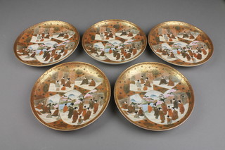 5 early 20th Century Satsuma dishes decorated with panels of figures before pavilions in geometric borders 8"