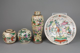A 19th Century crackle glazed oviform form vase decorated with warriors in a landscape 12" (f), 2 ditto ginger jars and a shallow dish 