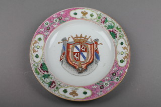 An 18th Century Chinese famille rose armorial export plate 9" (The rim is chipped)