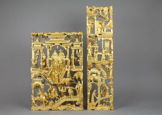 2 Chinese pierced gilt painted hardwood panels depicting temple scenes 18" x 12" and 24" x 6" 