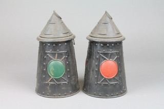 A pair of Huntley & Palmer biscuit tins in the form of tapering cylindrical lanterns 10"