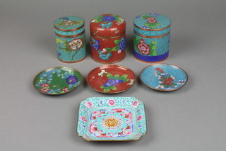 3 cylindrical Chinese cloisonne enamel jar and covers 3", a square ditto pin tray 4 1/2", 3 circular pin trays 3 1/2"