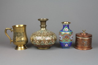 A benares brass vase of club form 7", ditto waisted tankard 5", a Chinese cloisonne enamelled club shaped vase 6" and a cylindrical Persian embossed copper jar and cover 3"