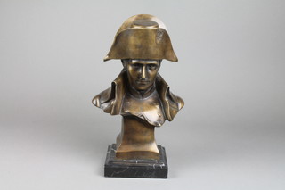 After Lecomte, a bronze head and shoulders portrait bust of Napoleon, raised on a marble base 14" 