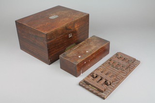 A pair of Continental pine expanding bookends 12", a Victorian rectangular rosewood glove box with hinged lid 3" x 10" x 4" and a Victorian rosewood jewellery box with drawer to the base 7" x 12" x 9" (missing brass escutcheon and plaque to lid) 