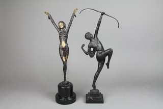 An Art Deco style bronze figure of a dancing girl with arms outstretched raised on a turned marble base 18" and 1 other bronze Art Deco style figure of a girl with bow, raised on a square stepped base 18" 