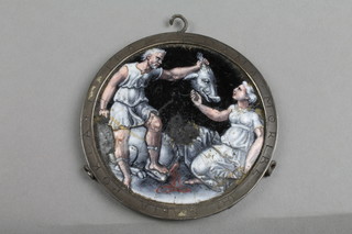 An 18th Century enamelled plaque depicting the sacrifice of an ox, the bronze mount marked Porlafe Ipor La Dana  2 1/2"
