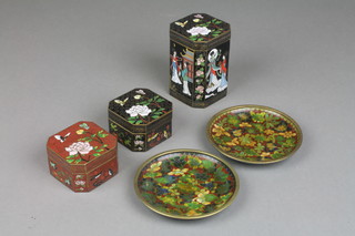 An octagonal Chinese cloisonne enamelled caddy 3", 2 ditto boxes 2 1/2" and 2 dishes 4" 