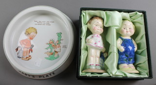 A pair of reproduction Shelley Mabel Lucie Attwell figures of children - Lillybet and Lil Bill 4", a ditto babies plate 7" 
