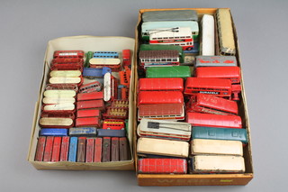 A shallow box containing various Lesney model trolley buses and buses together with a shallow crate containing various model buses 