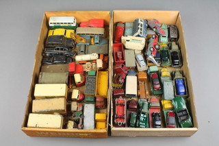 2 shallow boxes containing a collection of various play worn cars 