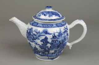 An 18th Century baluster teapot with scroll moulded spout and handle, the body decorated with a Willow pattern scene, the lid with plain finial (There are multiple chips to the interior of the lid and a small chip to the floral motif on the handle) 7" 