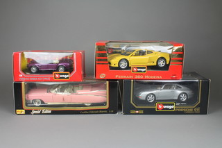3 Burago model cars - Ferrari 360, Porsche 911 and a Ford AC Cobra together with a Maisto special edition Cadillac Eldorado Biarritz