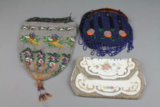 A French white bead work evening bag 7" x 4", a blue bead work evening bag 7" and 1 other evening bag 9" 