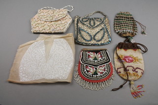 4 French bead work evening bags, a bead work purse and a section of bead work cut out from a bag