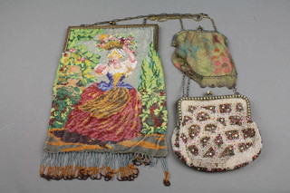 A chain mail handbag with enamelled metal mounts, 2 bead work bags with metal mounts 