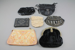 A rectangular bead work evening bag 8", 2 sequinned purses, a rectangular purse set brilliants, a crochet purse and 2 black evening bags