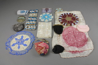 3 small bead work evening purses and 1 other, a circular bead work Rosary pouch 2", 2 bead work evening pouches 3", a double ended bead work pouch 3 1/2" marked Recurdo Amistad, a small woven bag 3", 5 bead work napkin rings, 2 doilies and a cloth sewing pouch decorated buttons