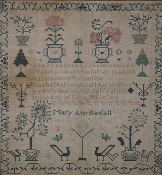Mary Ann Rastall, an 18th/19th Century woolwork sampler with motto, garden and animal figures 16 1/2" x 15 1/2"