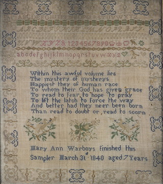 Mary Ann Warboys, a Victorian stitch work sampler with alphabet, rhyme, decorated animals, Mary Ann Warboys finished this sampler 31st March 1840, Aged 7 years, contained in a rosewood frame 12" x 10 1/2" 