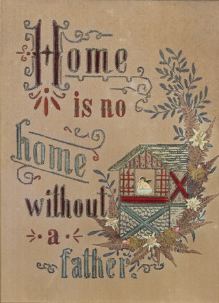A pair of Victorian wool work sampler panels - Home is no home without father and Home is no home without mother 15" x 11" 