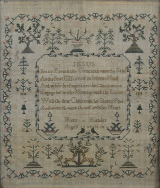 Mary Reader, A 19th Century wool work sampler with motto, garden and birds Mary Reader Aged 10 years 180?? 14" x 12 1/2", contained in an oak Oxford frame 