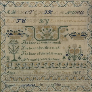 Eliza Pickering Bralles, a Victorian stitch work sampler with flowers, alphabet and motto by Eliza Pickering Bralles Aged 14 years 1855, contained in a rosewood frame 12" x 12"