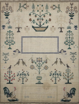 Lucy Winflads, a Victorian woolwork sampler with motto, trees and chickens Lucy Winflads November 1865, Aged 12 years 17 1/2" x 12 1/2"