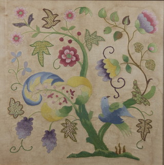An 18th Century style stumpwork panel decorated birds amidst branches 20" x 20"