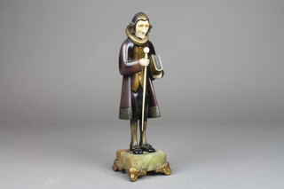 Roland Paris, an Art Deco style bronze figure of a standing gentleman with ledger and cane, raised on a green marble and gilt ormolu mounted base 10" 