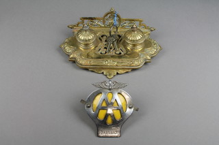 A Victorian pierced brass twin bottle ink stand (no wells) together with an AA beehive badge no. 7N15183 with an AA key and 1 other 