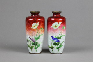 A pair of 19th Century Ginbari red and pink ground oviform cloisonne vases decorated with flowers 5" (f)