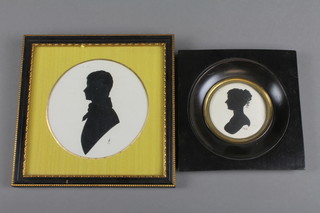 20th Century miniatures, silhouette study of a lady 2" x 1.75", ditto of a gentleman 5" x 4" 