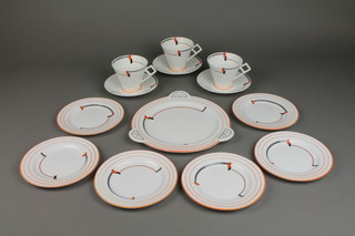 An Art Deco Foley china Ledo pattern tea set comprising 2 tea cups, 3 saucers, 6 side plates and a sandwich plate