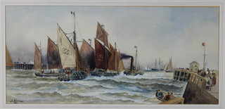 E Sissons 1911, watercolour, a harbour mouth scene with fishing boats and steam boats with figures and distant sailing vessels, signed and dated, 11" x 23" 