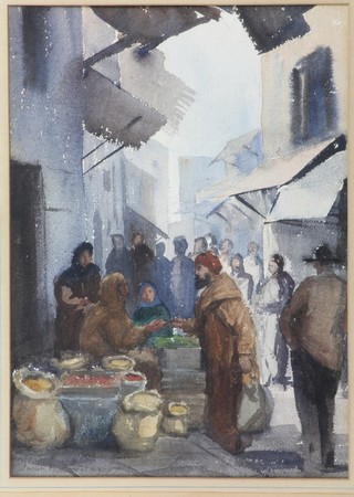 Juliette Pannett? An early 20th Century watercolour on paper, a Tangier street scene with spice vendors in the foreground, indistinctly signed 14"h x 10"w 