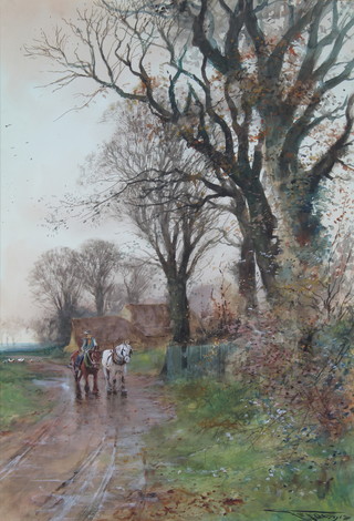 H C Fox, watercolour, a rural study of shire horses and rider on a country lane with geese and distant buildings, signed 21" x 15" 