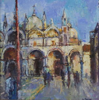 C Turner, oil painting, study of St Marks Square Venice, signed 11" x 11" 