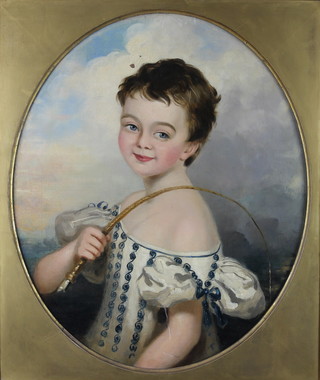 19th Century oil painting, study of a young girl in a blue and white dress, holding a whip across her left shoulder, oval, unsigned, re-lined 23" x 19" 