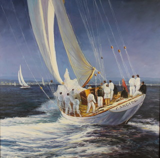 20th Century oil painting, study of a yachting race off a coastal town, unsigned 29" x 29" 