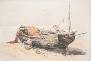 W W May, watercolours, studies of beached fishing vessels, signed 5" x 7"
