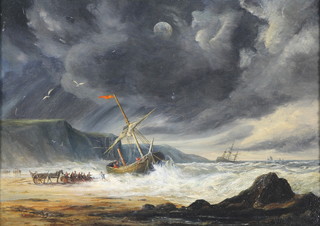 A 19th Century oil painting, a moonlit study of a beached vessel in choppy seas with figures on the shore of a rocky coast line, unsigned 9.5" x 13" 