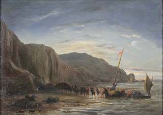 19th Century oil painting, study of smugglers unloading cargo from a fishing vessel on a rocky coastal shore, unsigned, 9 1/2" x 13" 