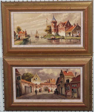 J Beekhout, oil paintings a pair, Dutch scenes, townscape with figures before buildings and a riverscape with boats and a distant church, signed 5 1/2" x 11"