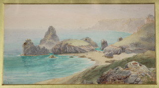 C C Budd, watercolour, a study of a Cornish beach scene with distant ships, signed 8" x 14 1/2" 